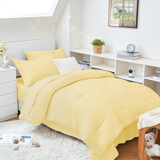 HYMOKEGE Yellow Twin XL Comforter Set Seersucker 5 Pieces, All Season Luxury Bed in a Bag for Bedroom, Bedding Set with Comforter, Sheets, Pillowcase & Sham