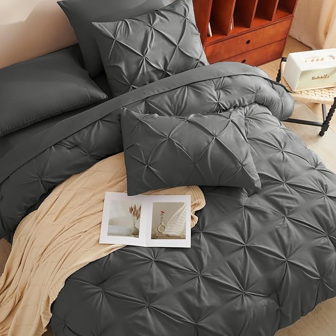CozyLux Twin Comforter Set with Sheets Dark Grey, 5 Pieces Pintuck Bed in A Bag, Twin Bed Set Gift for Family, Pinch Pleat Bedding Set with Comforter, Sheets, Pillowcase & Sham