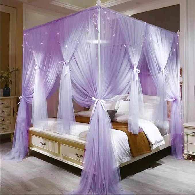 VETHIN 4 Corners Post Princess Bed Canopy Curtain Double Layer Cozy Drape Netting 4 Opening Mosquito Net for Girls & Adults Bedroom Decoration Accessories (Double Purple,64" W*82" L*82"*H/(Queen))