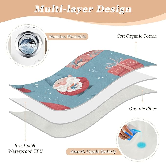 Waterproof Bed Pad Reusable Changing Pad Toddler Mattress Protector Large Pee Pad Baby Diaper Pad Soft Washable Liner Christmas Gnome and Boxes Blue