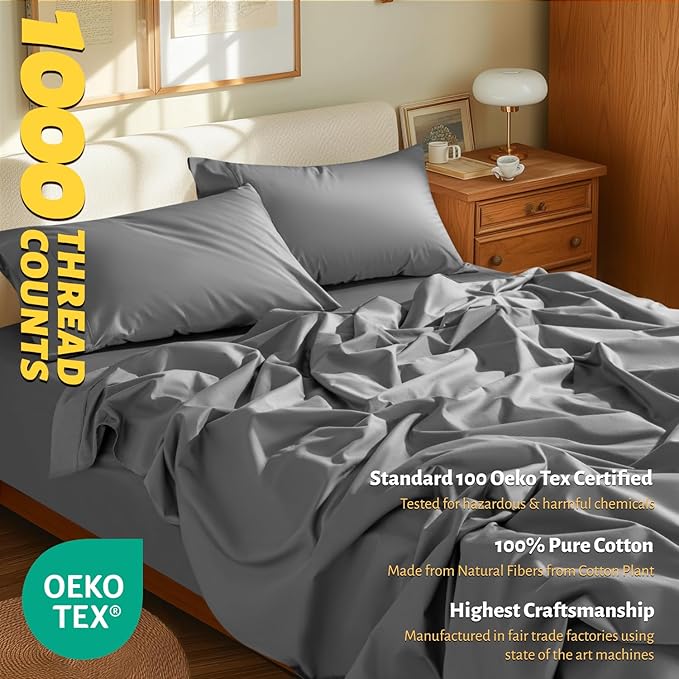 Shilucheng 100% Egyptian Cotton Sheets Set - 1000 Thread Count，Luxury Cotton Bed Sheets，Breathable & Cooling Bedding and Pillow Cases, 16 Inch Deep Pocket - 4 Piece (California King, Grey)