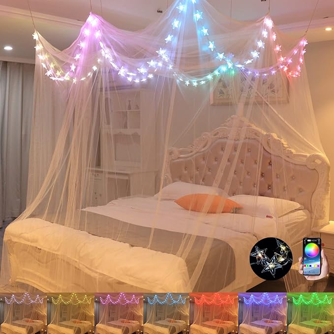 Bed Canopy with LED Star Lights, White Canopy Bed Curtain with RGB Color Changing String Lights with Smart App Control Remote for Princess Girls Bedroom, Suggested for Twin Full Queen King Bed