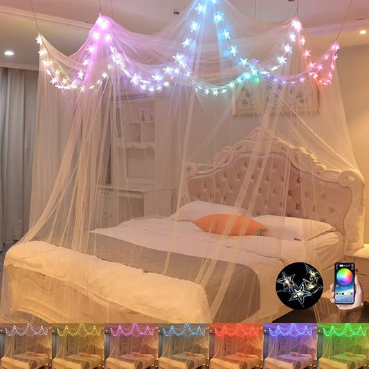 Bed Canopy with LED Star Lights, White Canopy Bed Curtain with RGB Color Changing String Lights with Smart App Control Remote for Princess Girls Bedroom, Suggested for Twin Full Queen King Bed