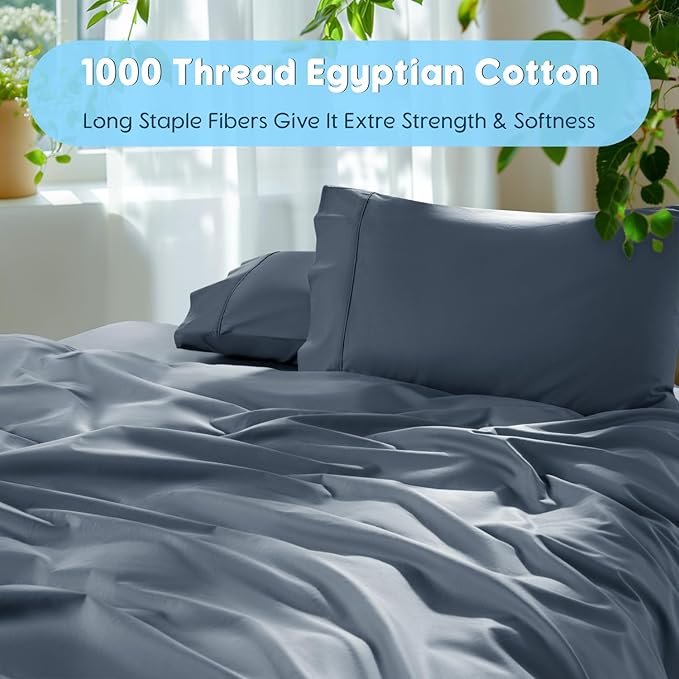 SONORO KATE 100% Egyptian Cotton Sheets Set, Extra Deep Pocket up to 18"-24",1000 High Thread Count, Soft & Breathable 5-Star Hotel Sateen Bed Sheets - 4 PC (French Blue,King)
