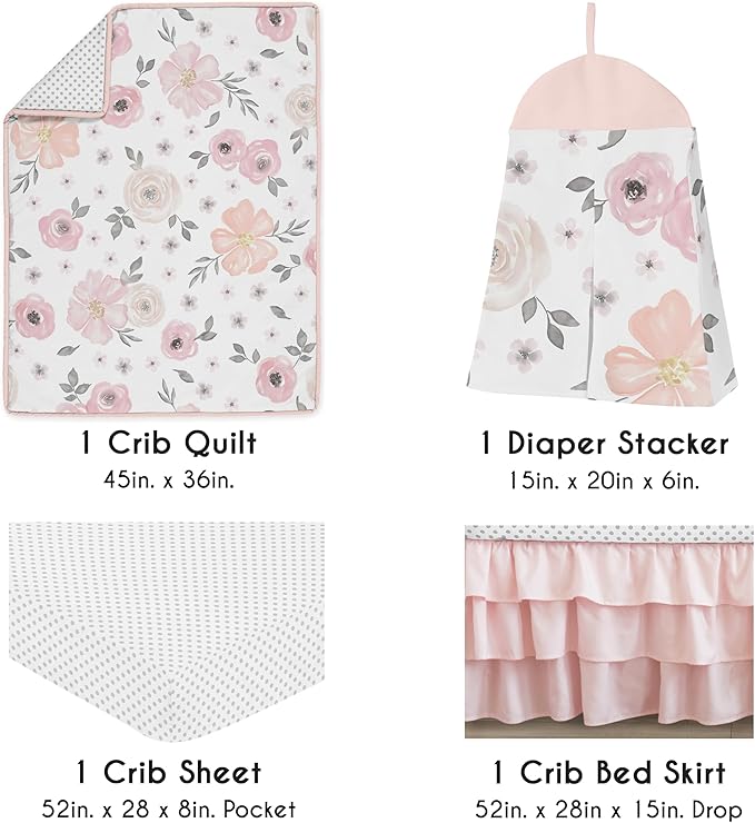 Sweet Jojo Designs 4-Piece Baby Crib Bedding Set (Pink/Grey Boho Floral) for Girls, Infants/Nursery incl. Blanket, Fitted Sheet, Skirt, Diaper Stacker (Watercolor, Elegant Rose, Polka Dot, Blush Gray)