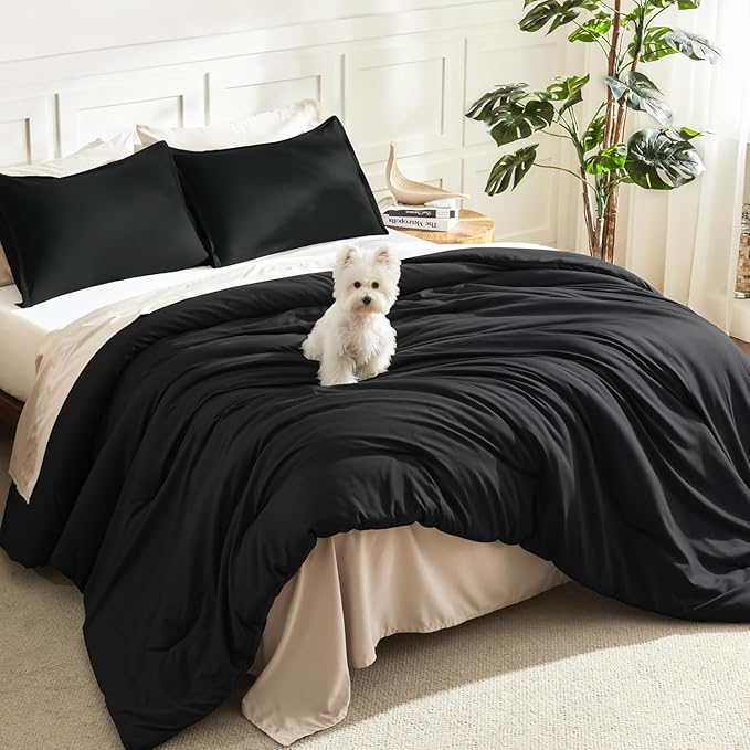 Litanika Black Comforter Full Size, 3 Pieces Boho Lightweight Solid Bedding Comforter Set, All Season Fluffy Bed Set (79x90In Comforter & 2 Pillowcases)