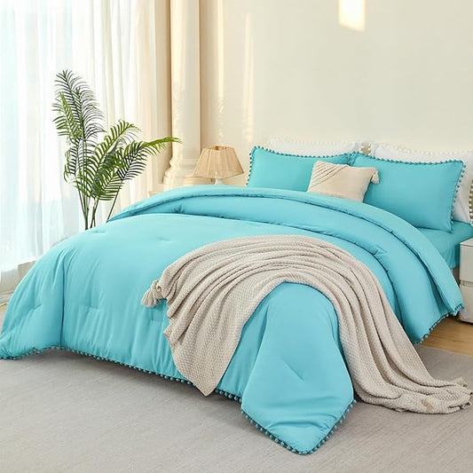 PERFEMET 5 Pcs Twin Size Comforter Set Teal Blue Pom Pom Cute Bedding Comforters for Girls Kids Teen Soft All Season Fluffy Boho Solid Bed in A Bag with Sheet Set(Teal Blue, Twin)