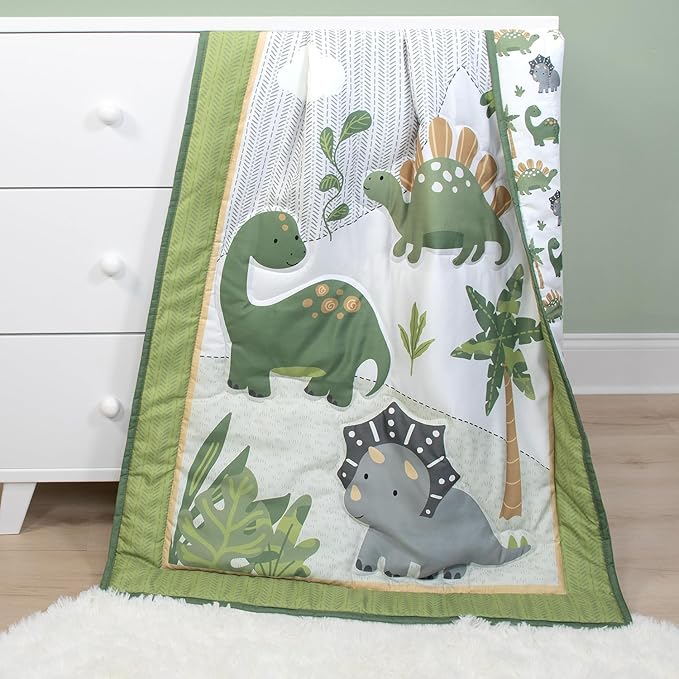 The Peanutshell 3 Piece Baby Crib Bedding Set for Boys - Newborn, Infant & Toddler Nursery Bed Set Decor with Fitted Crib Sheet, Dust Ruffle Comforter - Dinosaur Dreams