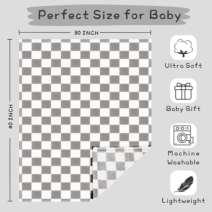 Yurhap Checkered Baby Blanket Fleece Baby Blankets Neutral for Boys Girls, Super Soft Warm Lightweight Infant Toddler Newborn Receiving Gifts for Crib Stroller, 30x40 Inch, Greige