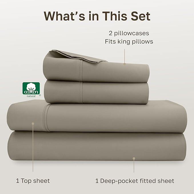 California Design Den King Bed Sheets Set - Soft 400 Thread Count Sateen, Natural 100% Cotton Sheets, Durable & Breathable Bedding with Deep Pockets - Taupe