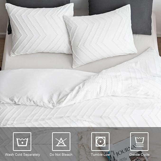 WARMDERN Boho Duvet Cover Set, Tufted Bedding Duvet Covers Soft Washed Microfiber Duvet Cover Twin Size, 2 Pieces Embroidery Shabby Chic Duvet Cover with Zipper Closure(White, Twin)