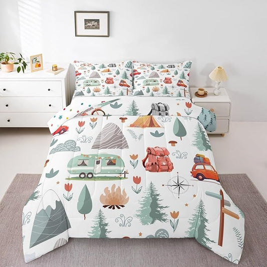 Kids Camper Theme Comforter Set Full 3Pcs, Happy Camping Bedding for Toddler, Travel Car Rv Accessories Down Comforter, Botanical Flowers Mountain Adventure Quilt, Cute Camper Duvet Set Room Decor