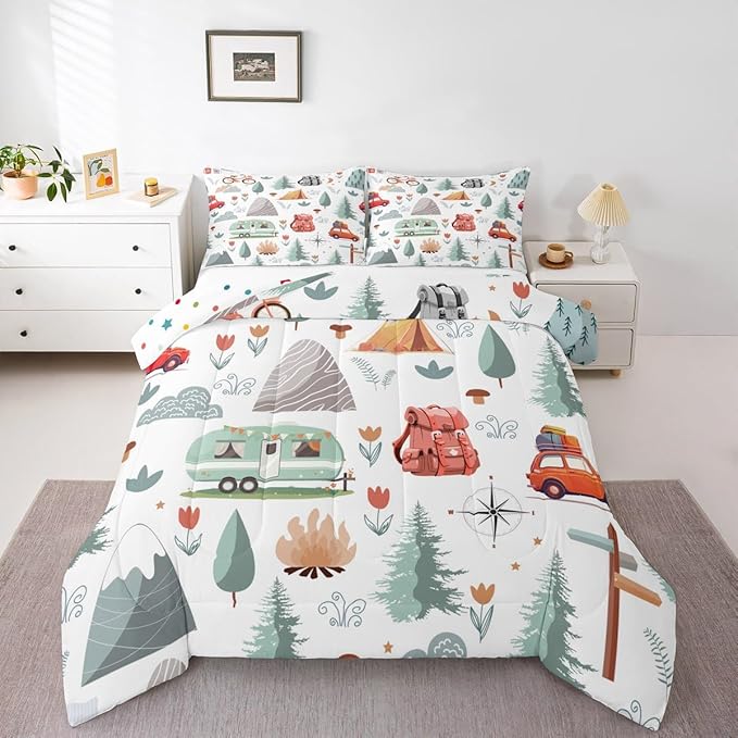 Kids Camping Comforter Set King, Car Bedding Set for Boys Girls, Travel Car Camper Accessories Bed Set, Botanical Floral Mountain Adventure Quilt, Cute Camper Duvet Insert Rv Decoration 3Pcs