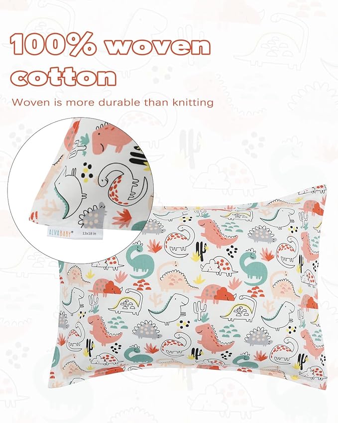 ALVABABY Toddler Pillowcases 2 Pack Organic Cotton Kids Pillow Cover Fit 13"x 18" or 12"x21" Envelope for Girl Boy Sleepy Travel