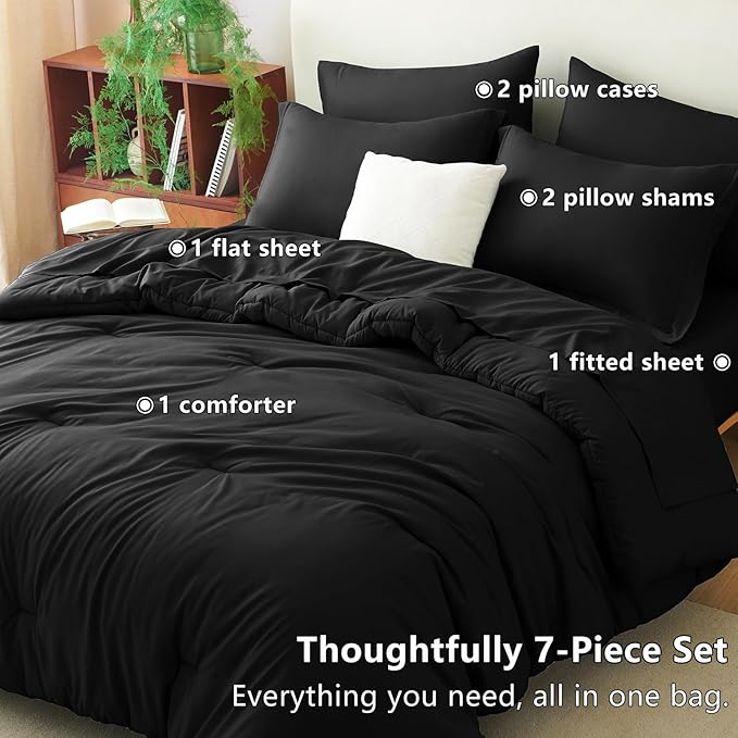 CozyLux Full Comforter Set Black, 7 Pieces Bed in a Bag Soft Bedding Comforter Set with Sheets, All Season Boho 7PC Bed Sets with Comforter, Fitted Sheets, Flat Sheets, Pillow Shams and Pillowcases