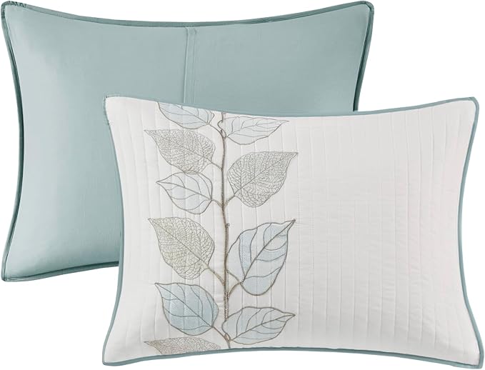 Madison Park Caelie Quilt Modern Classic Design All Season, Breathable Coverlet Lightweight Bedding Set, Matching Shams, Decorative Pillow, Full/Queen(90"x90"), Leaf Blue 6 Piece