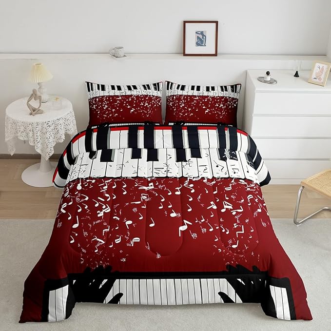 Erosebridal Music Notes Comforter Set for Kids Boys Teens Men Piano Keys Down Comforter Queen Size Rock Musical Bedding Set Play Piano Duvet Sets Music Bedroom Decor with 2 Pillow Cases Red Black