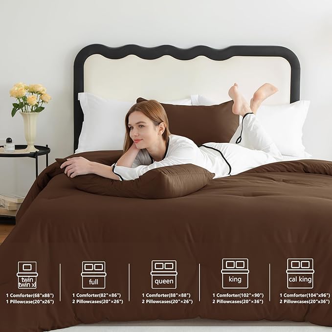 CozyLux Full Size Comforter Set Brown, 3 Pieces Solid Breathable Quilted Style Bedding Sets, Luxury Fluffy Soft Bed Set with Down Alternative Comforter for All Season (1 Comforter & 2 Pillowcases)