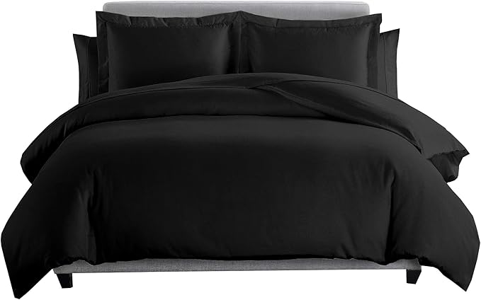 8 Pieces 100% Cotton Solid Black California King Goose Down Bed in a Bag Set Including 600TC Sheet Set + 600TC Duvet Cover Set+ All Season Striped Goose Down Comforter 600 Fill Power