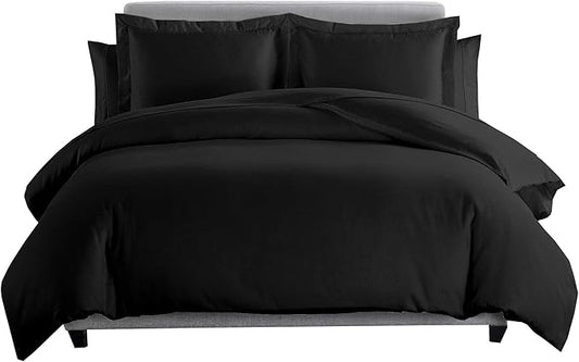 8 Pieces 100% Cotton Solid Black Queen Goose Down Bed in a Bag Set Including 600TC Sheet Set + 600TC Duvet Cover Set+ All Season Striped Goose Down Comforter 600 Fill Power