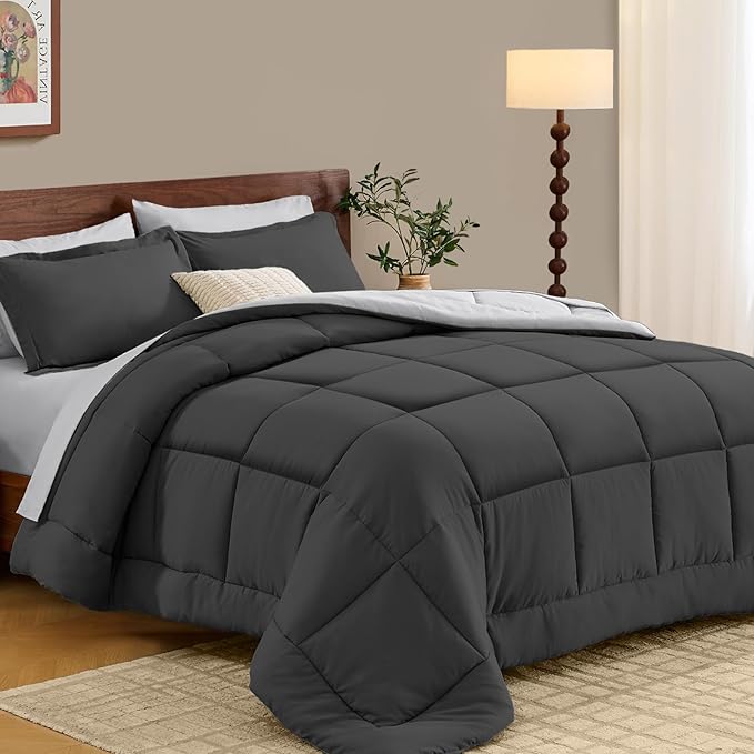 FUANNA Queen Comforter Set 7 Pieces, Reversible Bed in a Bag with All Season Soft Comforter, Bedding Sets Includes Comforter, Flat Sheet, Fitted Sheet, Pillowcases & Shams, Dark Grey & Light Grey