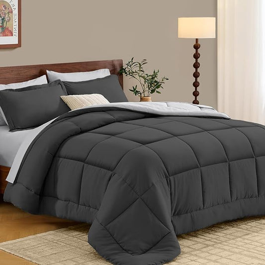 FUANNA Full Size Comforter Sets 7 Pieces, Reversible Bed in a Bag with All Season Soft Comforter, Bedding Sets Includes Comforter, Flat Sheet, Fitted Sheet, Pillowcases & Shams, Dark Grey & Light Grey
