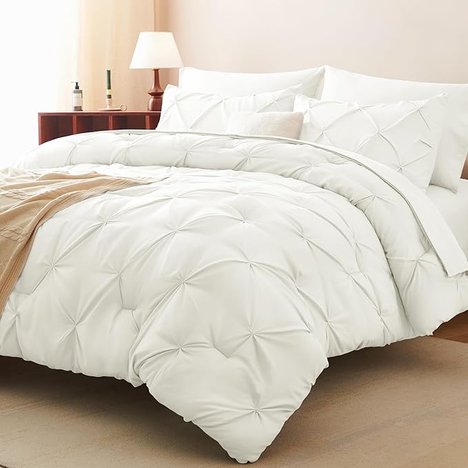 Full Comforter Set Ivory, 7 Pieces Pintuck Bed in A Bag Full Size Bedding, Soft Bed Set All Season Pinch Pleat Comforter Set with Sheets, Pillowcases & Shams