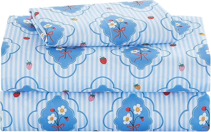 Kids Sheet Set Twin Size, Twin Sheet Set with Striped Flower Pattern，Breathable Silky Soft Microfiber Kids Fitted Sheet