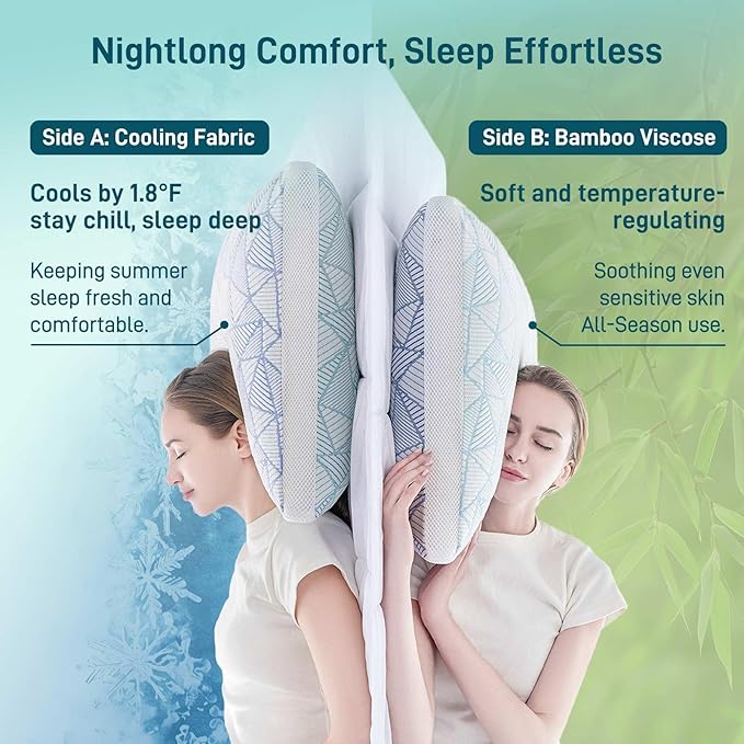 Shredded Memory Foam Cooling Soft Bamboo Viscose Pillows Adjustable Hypoallergenic Hotel Quality Pillows for Stomach, Back or Side Sleeper, Oeko-TEX Certified King Set of 2
