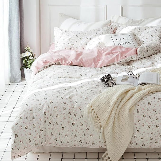 HighBuy Floral Girl Duvet Cover Twin White Pink Flower Coquette Bedding Set with Zipper Closure Soft Cotton Bedding Comforter Cover Aesthetic 3 Pieces for Kids Bedroom Collection 4 Corner Ties