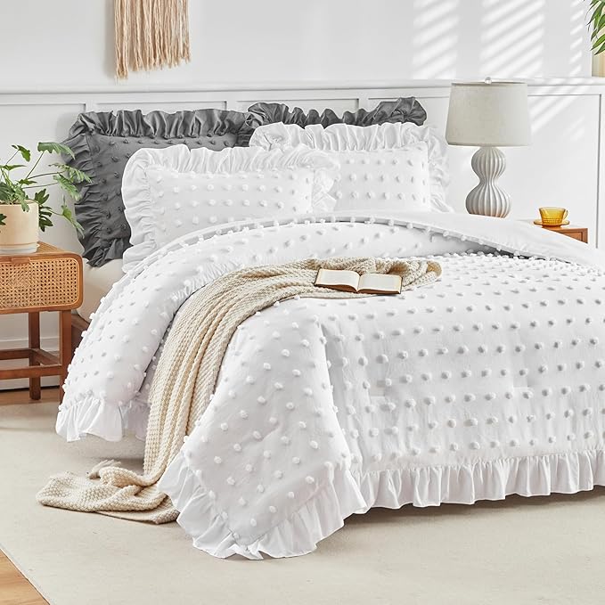 Tufted Dots Ruffle Comforter Set Full/Queen Size, 3 Pieces White Vintage Farmhouse Shabby Chic Comforters, Jacquard Boho Bohemian Bedding Set for All Season (1 Ruffled Comforter+ 2 Pillow Shams)