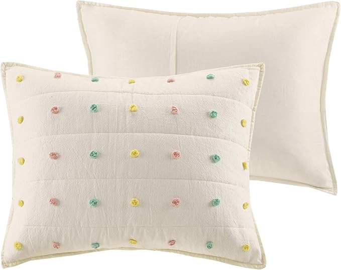 Intelligent Design Kids Quilt Set Cotton Jacquard Weave Colorful Poms Accent All Season Shabby Chic Bedding Coverlet Bedspred, Girls Bedroom Décor, Twin, Ivory 4 Piece XL