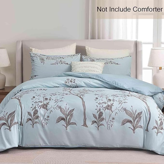 Nanko Floral Duvet Cover Set King Size, Teal Blue Brown Tan Leaf Print Pattern, Soft Microfiber Reversible Comforter Bedding Cover with Zip Ties - French Vintage Farmhouse for Women Men, 3Pcs 104x90