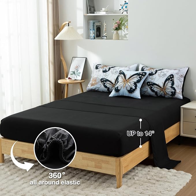 A Nice Night 6pcs Bed in A Bag Black and Glod Dreamy 3D Butterfly Printed, with Pearl Flower Design Butterflies Bedding Queen Comforter Set, for Girls Kids Teens