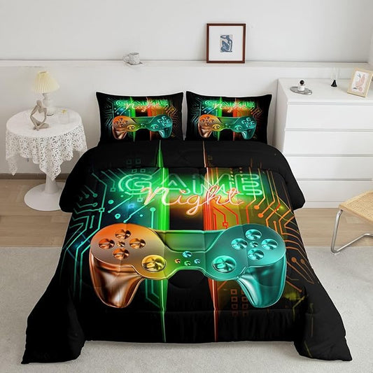 Feelyou Gamer Comforter Kids Gaming Video Game Comforter Set for Boys Teens Noverlty Modern Gamepad Bedding Set Breathable Gamer Console Bedding Duvet Set Bright Orange Green Room Decor Full Size