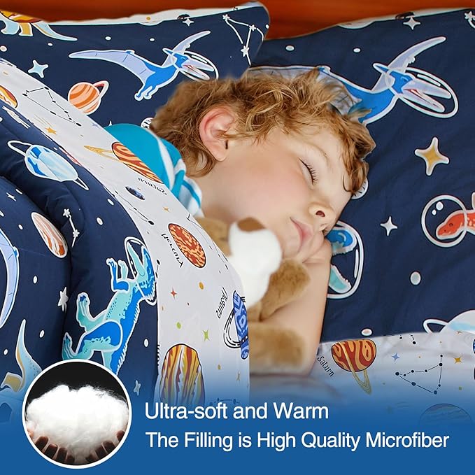 A Nice Night 5pc Glow in The Dark Kids Comforter Set,Dinosaur Galaxy Printed, Space Bedding Set Queen Size for Boys Girls Teen