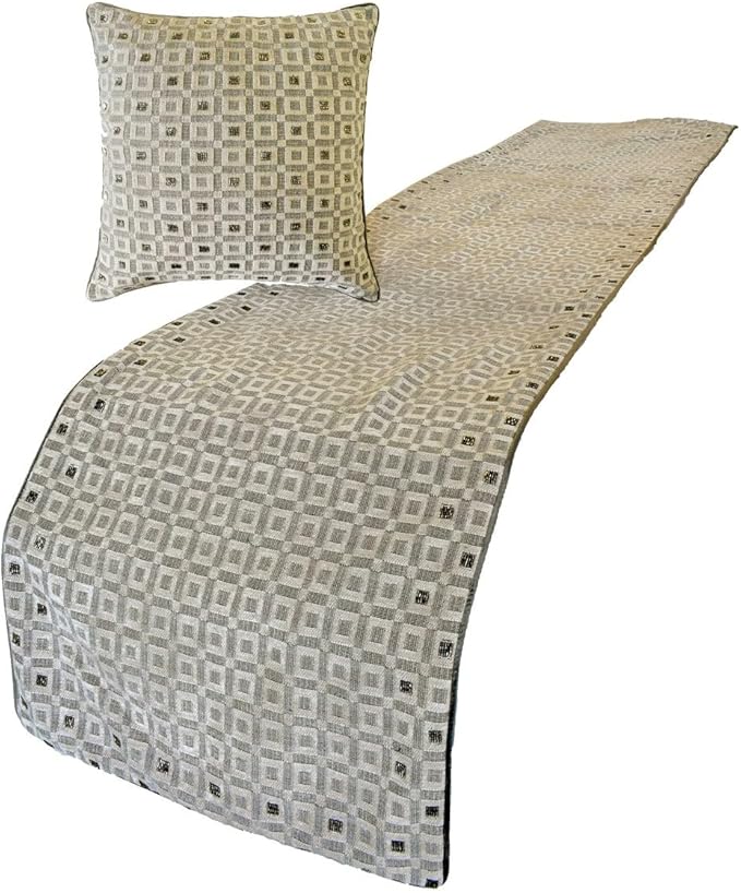 The HomeCentric King/Queen/Twin Grey Designer Queen 74"x18" Bed Runner Without Pillow Cover, Checkered, Beaded, Hand Embroidery Bed Scarf on Velvet Fabric - The Brick Effect