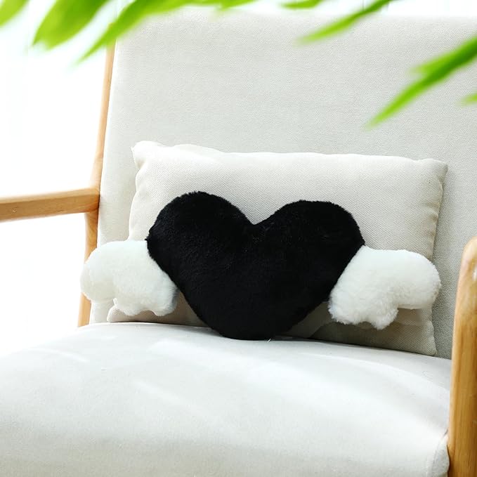 Macarrie 2 Pcs Plush Heart Shaped Pillow with Angel Wings Car Headrest Soft Comfortable Seat Pillow for Driving Travelling Room Office Car Decor, 19.7 x 8.3 Inch(Black)