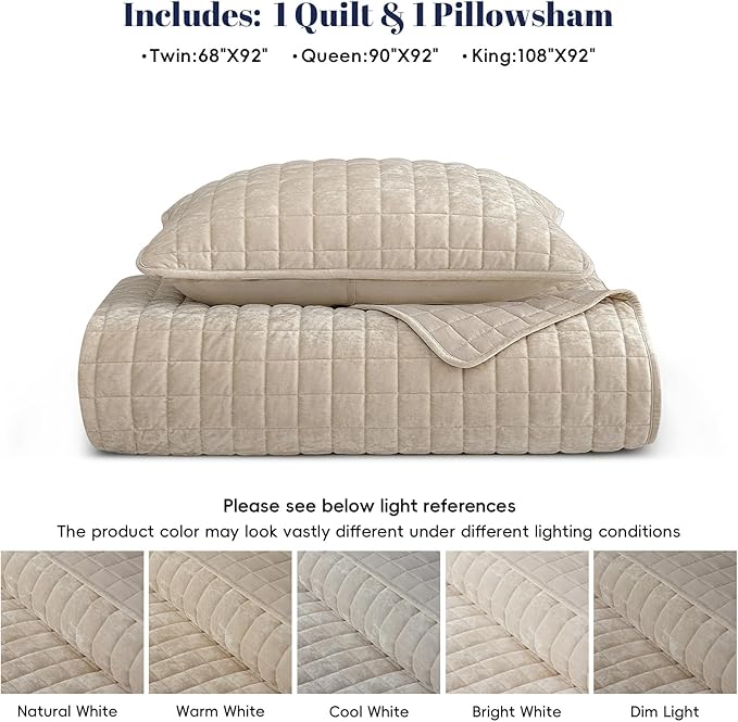 PHF Luxurious Velvet Quilt Set Twin Size – 2PCS Super Soft Quilted Comforter Alternative with Square-Box Quilt Pattern, Warm Quilted Bedspread Coverlet, 68" x 92", Oxford Tan