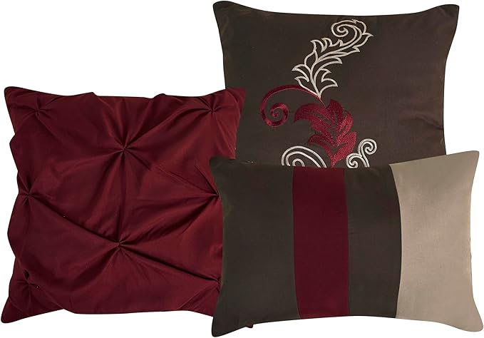 Chezmoi Collection Napa 7-Piece Luxury Leaves Scroll Embroidery Bedding Comforter Set (King, Burgundy/Taupe/Brown)