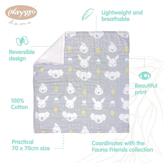 Playgro Fauna Friends Muslin Pram Blanket - Soft and Breathable 100% Organic Cotton Baby Blanket - Muslin Swaddle Blankets for Boys and Girls - Convenient 70x70cm Size