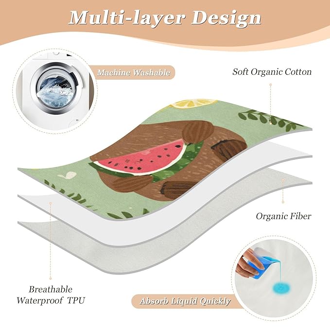 Waterproof Bed Pad Reusable Changing Pad Toddler Mattress Protector Large Pee Pad Baby Diaper Pad Soft Washable Liner Summer Watermelon Brown Bears Green