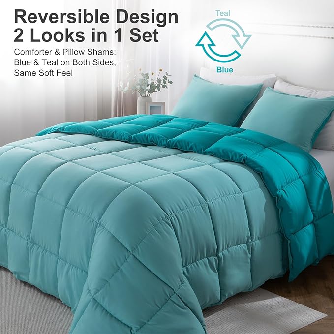 KASENTEX California King Comforter Set – Reversible Dual Color – Goose Down Alternative – Ultra-Soft, Lightweight, Machine Washable, Maintain Fluffiness, All Season Warmth (Blue/Teal)
