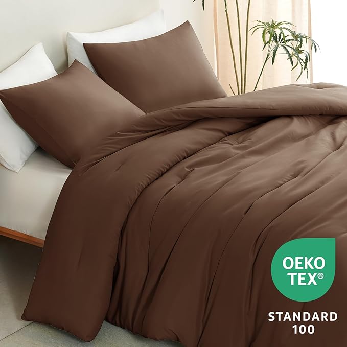 CozyLux Full Size Comforter Set Brown, 3 Pieces Solid Breathable Quilted Style Bedding Sets, Luxury Fluffy Soft Bed Set with Down Alternative Comforter for All Season (1 Comforter & 2 Pillowcases)