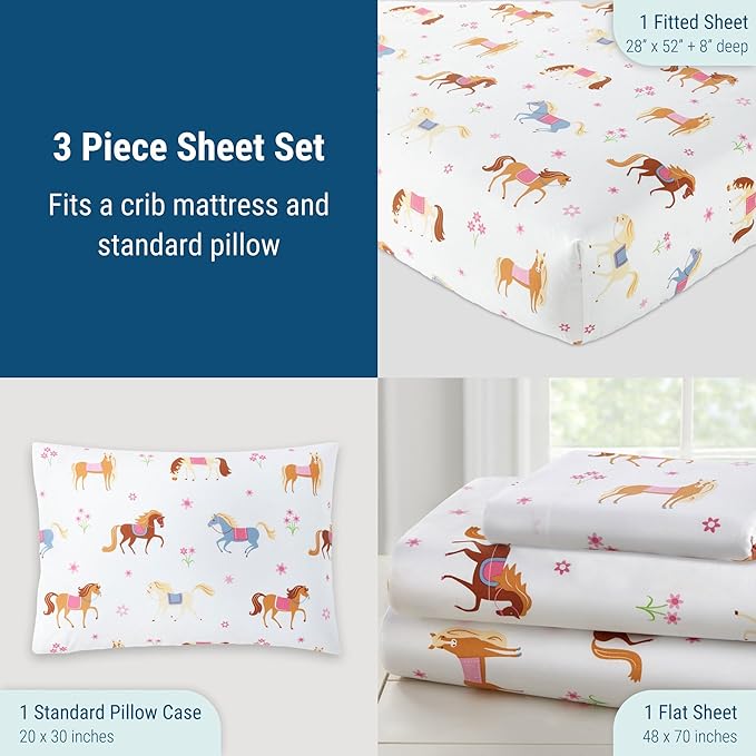 Wildkin 100% Cotton Toddler Sheet Set – Soft & Cozy Bed Sheets - Horses