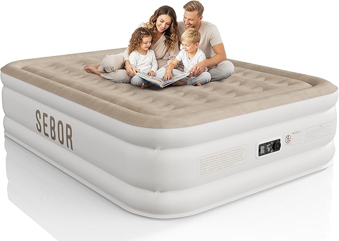 Sebor Air Mattress Queen with Built-in Pump 18", Comfortable Self-Inflating Air Mattress with High-Speed Pump, Durable Blow Up Mattress Queen with Storage Bag for Guests, Camping, Travel