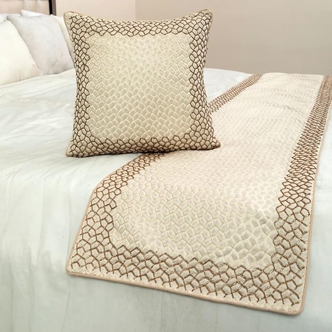 The HomeCentric King/Queen/Twin Ivory & Gold Designer Queen 74"x18" Bed Runner with Pillow Cover, Mosaic & Beaded Bed Scarf on Jacquard Fabric - Tessellation