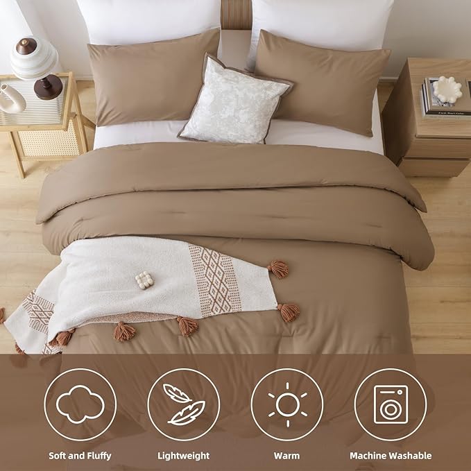 ROSGONIA California King Comforter Set Dark Khaki, 3pcs (1 Boho Cal King Comforter & 2 Pillowcases) All Season Lightweight Bedspread Bedding Blanket