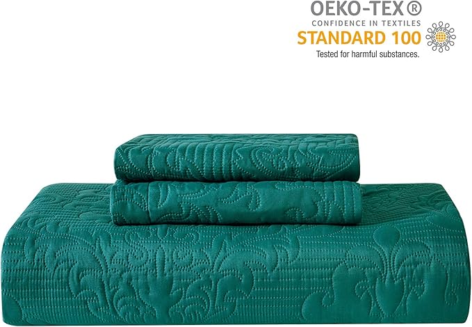 Hansleep Teal Quilt Twin Size - Damask Ultrasonic All Season Bedspread Twin, Soft Lightweight Coverlet Bedding Set, 2 Pieces (1 Quilt, 1 Pillow Sham)