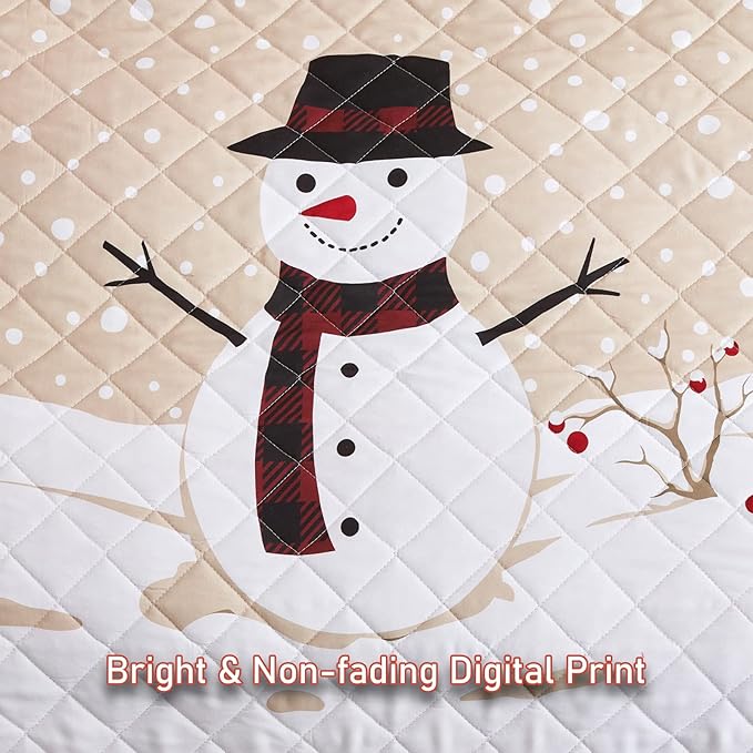 HZ & HY Christmas Oversized Bedspread Queen Size, Winter Snowman Pattern Bedding Quilt, Rustic Lodge Plaid Patchwork Comforter Set, Lightweight & Soft Microfiber, 3 Piece, Queen